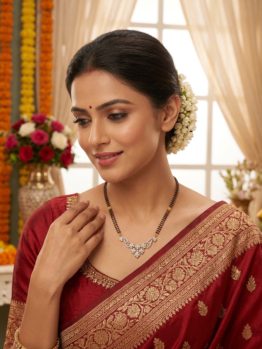 Karigar result — the same mangalsutra styled on a model