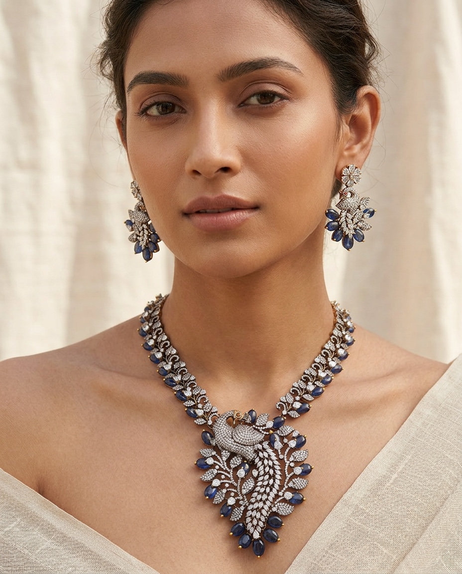 Karigar result — the same peacock necklace and earrings styled on a model